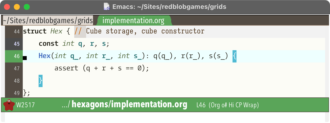 Screenshot of emacs with a green color for a different project